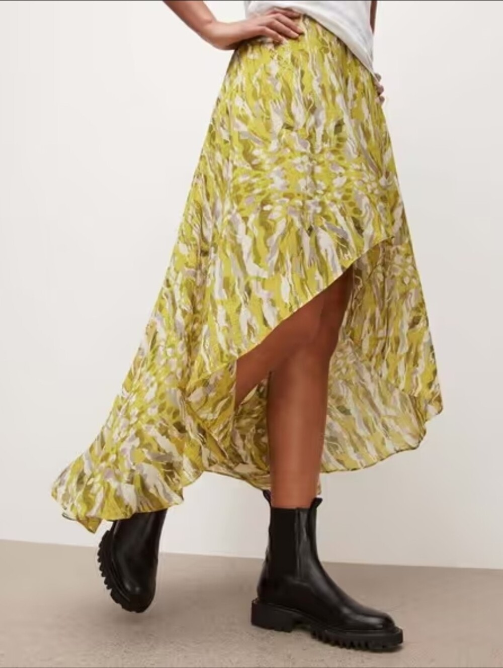 AllSaints Slvina Oniyuri Skirt 6 Yellow Japanese Camo Asymmetric High Low Ruffle